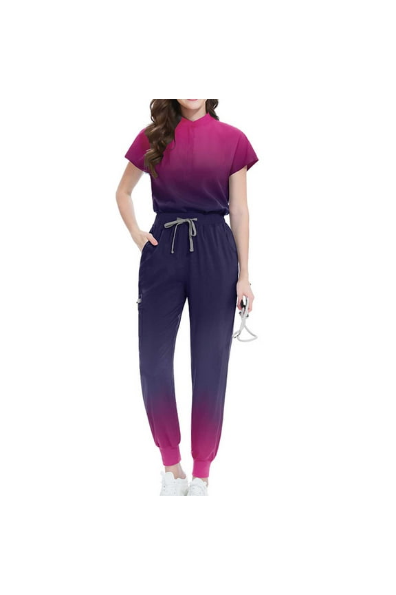 Pinks Scrub for Women Set - Gradient Print Round Neck Short Sleeve Scrub Top and Drawstring Jogger Pants - Nursing Uniform Set with Pockets