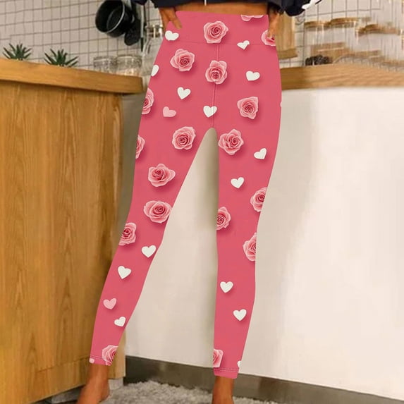 Rciityk PinksHigh Waisted Leggings for Women Tummys Control Workout Yoga Pants Full-Length Fashion Love Printed Cycling Hiking Biker Tights