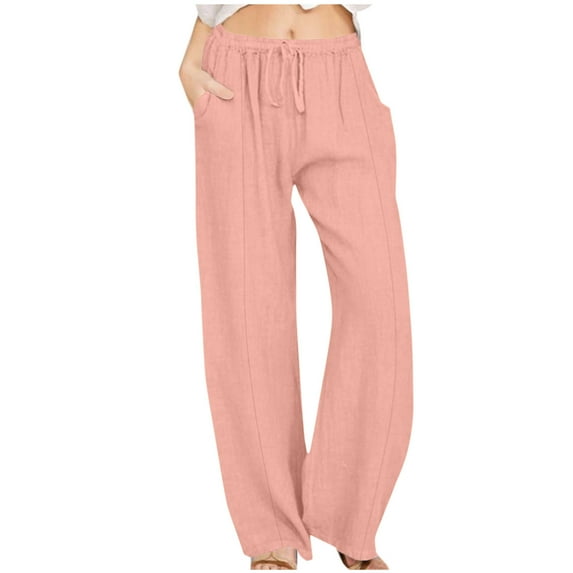 Rciityk PinksLinen Pants for Women Relaxed Fits Straight Leg Drawstring Waist Lounges Pants Lightweight Solid Color Comfy Trousers with Pockets
