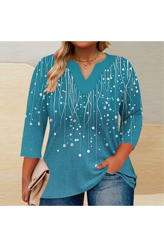 Plus Size 3/4 Sleeve Tops for Women Fall Fashion V Neck Pullover Tunic Tops Casual Floral Print Basic Shirts Loose Fits Blouses
