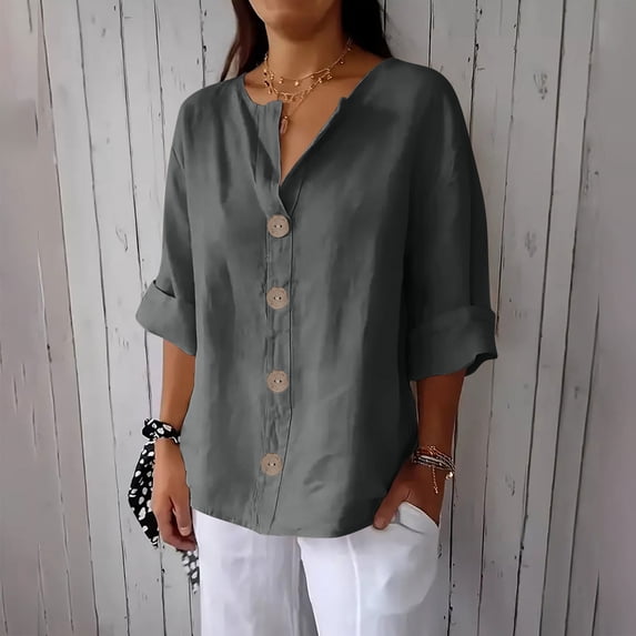 Rciityk Plus Size Linen Shirts for Women V Neck 3/4 Sleeve Summer Tunic Shirts Solid Color Loose Fits Ladies Blouse
