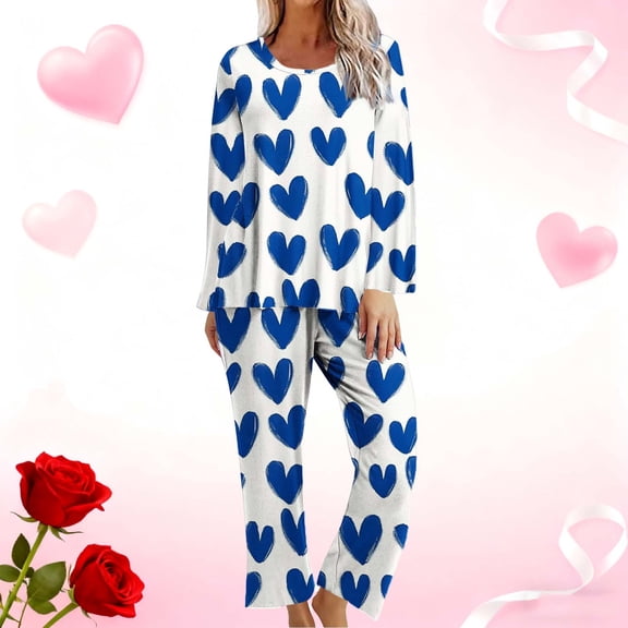 Rciityk Plus Size Pajamas for Women Set Valentines Day Lounges Cute Heart Print Crew Neck Long Sleeve with Pants Pjs Sets Ladies Pajamas Sets