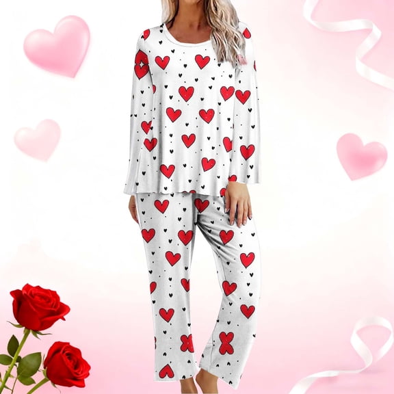Rciityk Plus Size Pajamas for Women Set Valentines Day Lounges Cute Heart Print Crew Neck Long Sleeve with Pants Pjs Sets Ladies Pajamas Sets