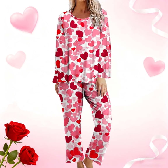 Rciityk Plus Size Pajamas for Women Set Valentines Day Lounges Cute Heart Print Crew Neck Long Sleeve with Pants Pjs Sets Ladies Pajamas Sets