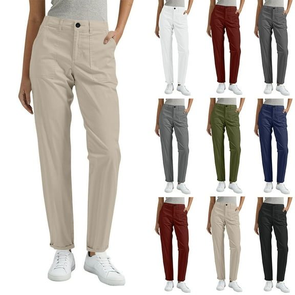 Rciityk Plus Size Pants for Women Solid Color Pentagonal with Elastic Waist Cargo Pants Casual Zip Front Straight Leg Pants with Pockets