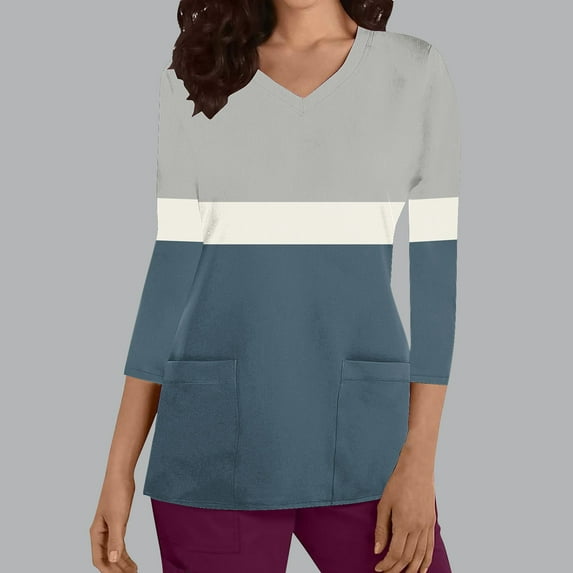 Rciityk Plus Size Scrub Tops Women Nurse Uniform Shirts with Pockets Casual Color Blocking Prints V Neck 3/4 Sleeve Medicals Tunic Blouse