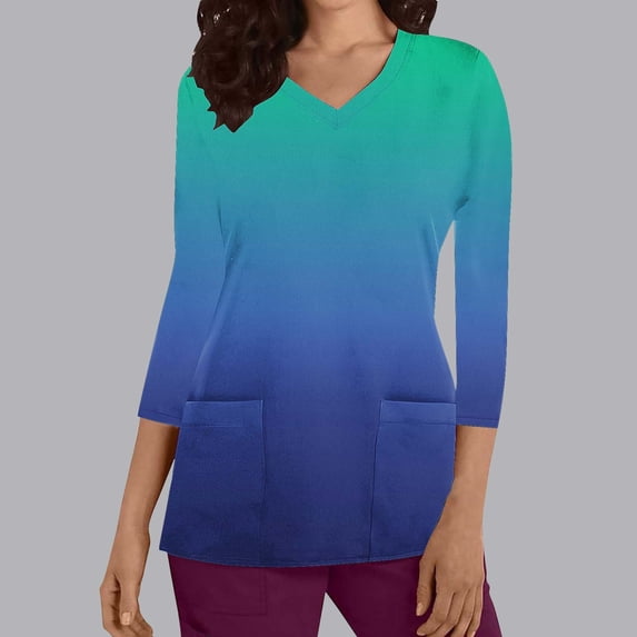 Rciityk Plus Size Scrub Tops Women Nurse Uniform Shirts with Pockets Casual Gradient Print V Neck 3/4 Sleeve Medicals Tunic Blouse