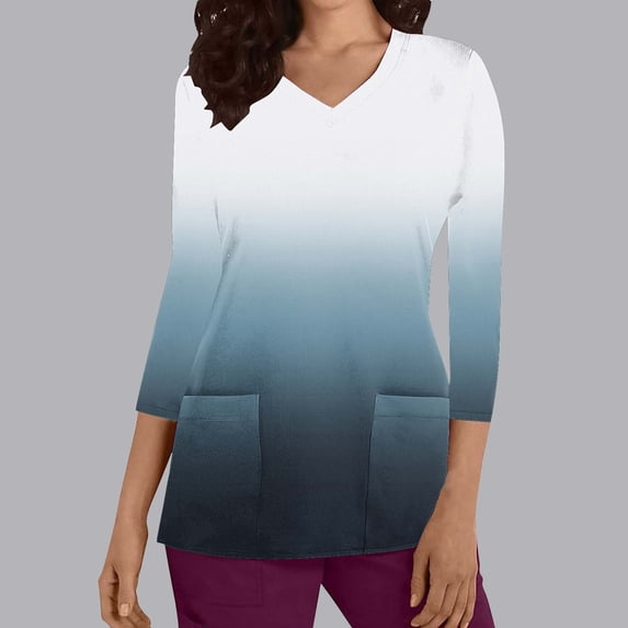 Rciityk Plus Size Scrub Tops Women Nurse Uniform Shirts with Pockets Casual Gradient Print V Neck 3/4 Sleeve Medicals Tunic Blouse
