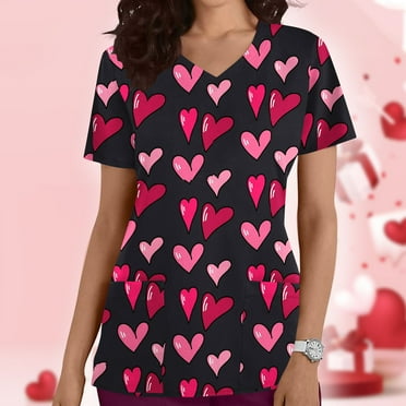 Rciityk Plus Size Scrub for Women Valentines Day Heart Graphic Print V-Neck Short Sleeve Nursing Tops Holiday Scrub Tops with Pockets - Spring/Summer Clearance
