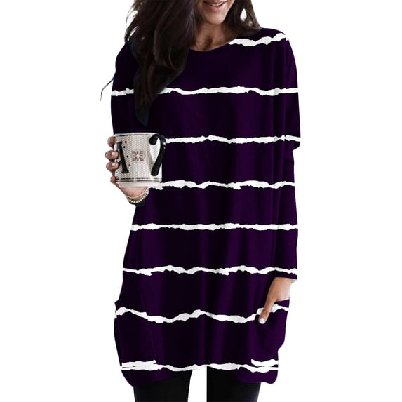 Rciityk Plus Size Striped Shirts for Women Fall Casual Loose Crewneck Long Sleeve Pullover T Shirt with Pocket Christmas Gifts