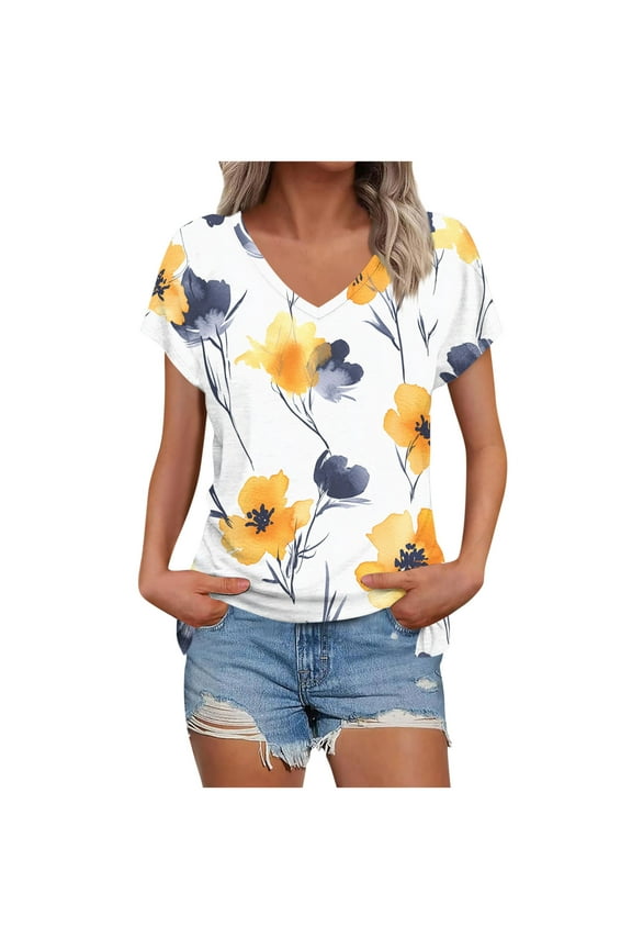 Plus Size T Shirt for Women Summer Tops Casual V Neck Short Sleeve Tee Fashion Floral Print Loose Fits Tunic Blouses