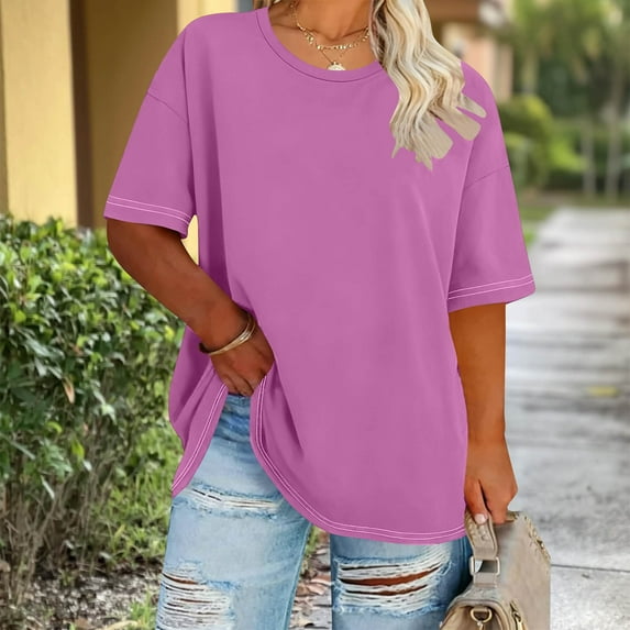 Rciityk Plus Size T Shirts for Women Loose Casual Crew Neck Striped Short Sleeve Tunic Tops Summer Beach Shirt
