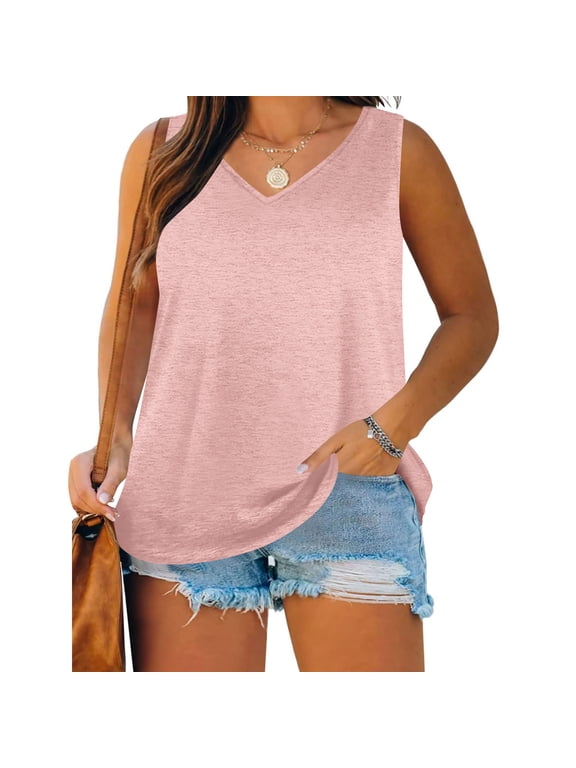 Plus Size Women's Tank Tops Casual Loose Fit V Neck Sleeveless Shirts - Fashion Womens Summer Tops