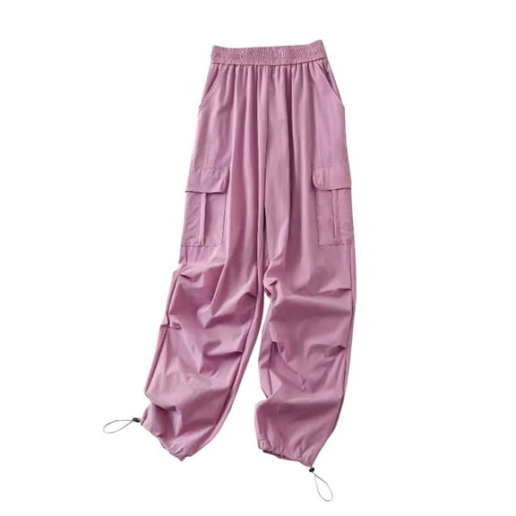 Rciityk Purple Cargo Pants Women Baggy Parachute Solid Pants Casual Elastic Waist Jogger Pants with Multiple Pockets