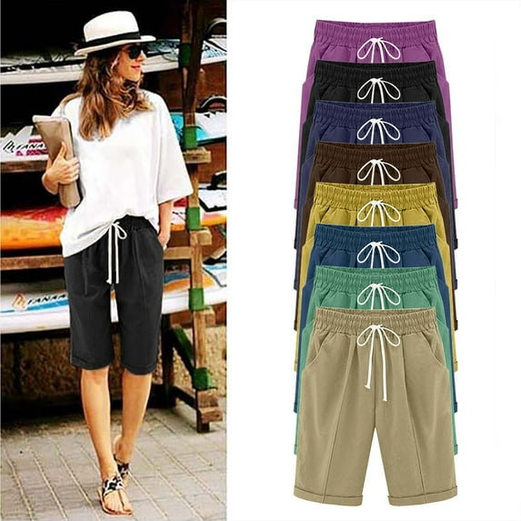 Rciityk Purple Shorts for Women Casual High Waisted Bermuda Shorts Summer Comfy Drawstring Lightweight Solid Color Shorts with Pockets