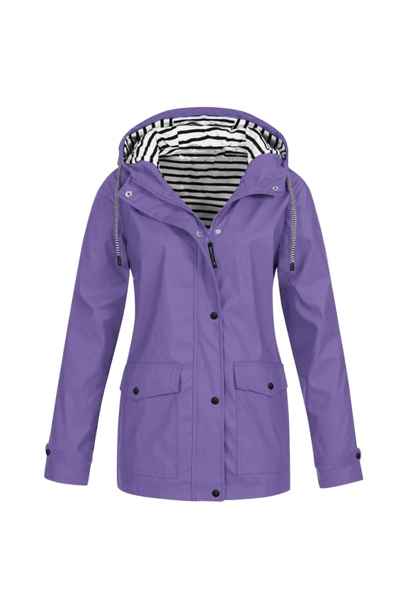 Purple Water Proof Rain Jacket Women Lightweight Rain Coat Long Outdoor Windbreaker Striped Lined Hooded Trench Coats with Pocket