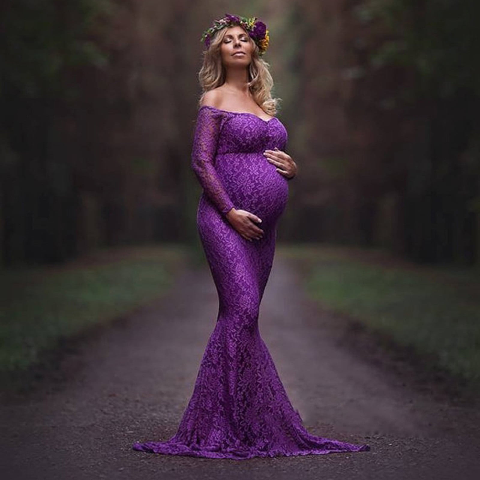 Rciityk Purple Women's Off Shoulder Maternity Photo Dress Elegant Wedding  Guest Dress Lace Long Sleeve Maternity Gown Photography Mopping Slim Long  Dress - Walmart.com