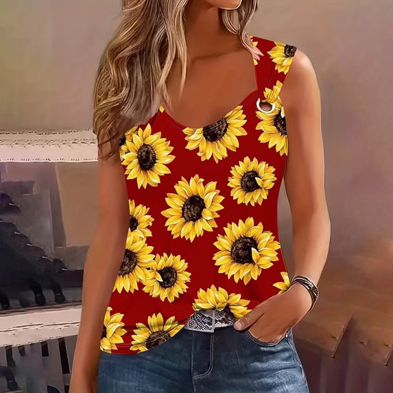 Rciityk Red Tank Tops Blouses for Women Printed Round Neck Casual Printed Sleeveless Suspender Top