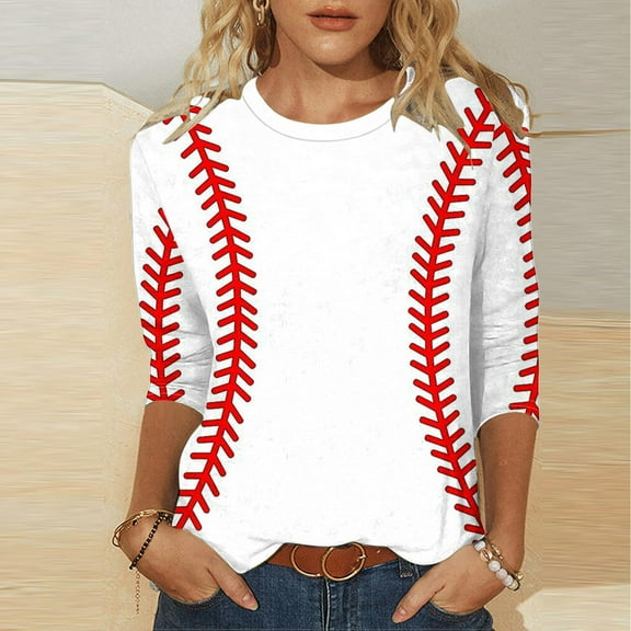 Rciityk Red Womens 3/4 Sleeve Blouses Summer Casual Baseball Print Round Neck T-Shirt Daily Plus Size Loose Pullover Tops