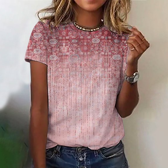 Rciityk Red Womens Print Short Sleeve T Shirts Round Neck Causal Summer Clothes