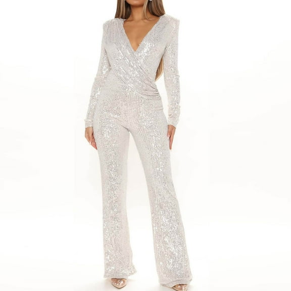 Rciityk Rompers for Women Spring Summer Long Sleeve Turndown Dress Jumpsuit Casual Soild Color Sequin High Waist Overalls Jumpsuit White L