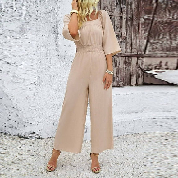 Rciityk Rompers for Women Summer 3/4 Sleeve Jumpsuit Casual Soild Color Elastic Waist Wide Leg Pants Overalls Jumpsuit Beige L
