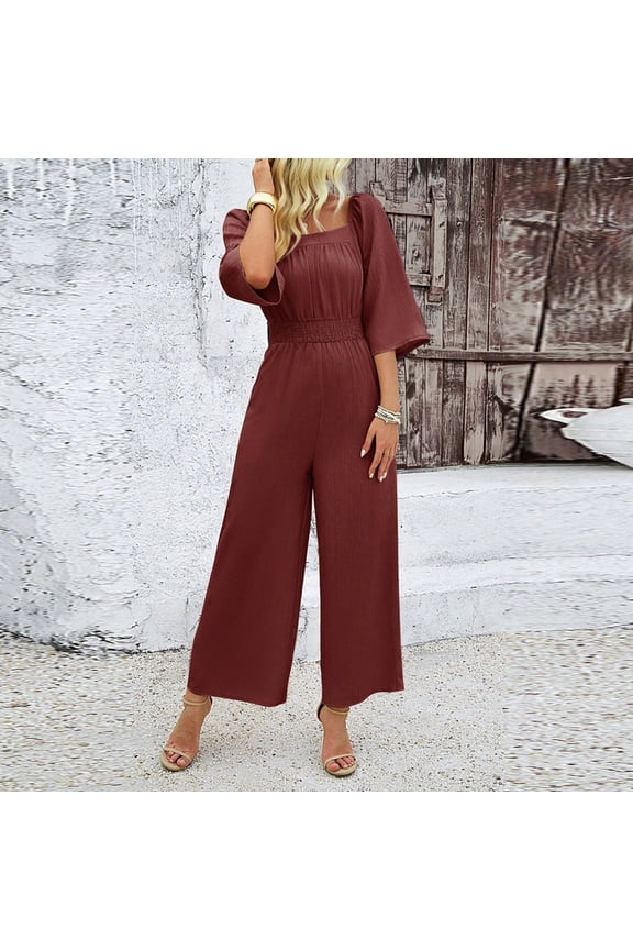 Rompers for Women Summer 3/4 Sleeve Jumpsuit Casual Soild Color Elastic Waist Wide Leg Pants Overalls Jumpsuit