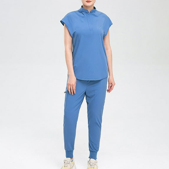 Rciityk Scrub Set for Women Solid Color Short Sleeve Medicals Uniform Women V-neck Button Top and Drawstring Pants Protective Work Suit with Pockets