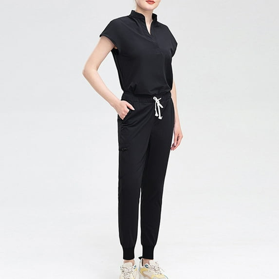 Rciityk Scrub Set for Women Solid Color Short Sleeve Medicals Uniform Women V-neck Button Top and Drawstring Pants Protective Work Suit with Pockets