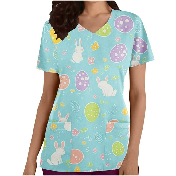 Rciityk Scrub Tops Women Easter Nurse Uniform Shirts with Pockets Casual Bunny Rabbits Eggs Printed V-neck Short Sleeve Working Medicals Blouse