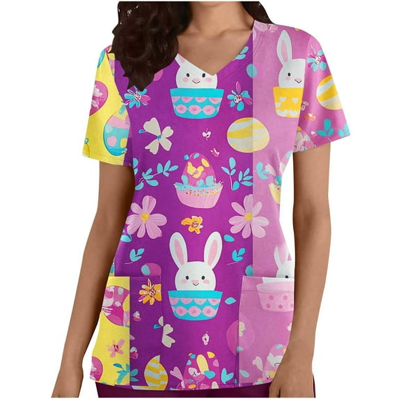 Rciityk Scrub Tops Women Easter Nurse Uniform Shirts with Pockets Casual Bunny Rabbits Eggs Printed V-neck Short Sleeve Working Medicals Blouse