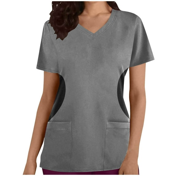 Rciityk Scrub Tops Women Print Summer Causal Loose V Neck T Shirts Solid Color Patchwork Nursing Uniform Tops Regular Medicals Scrub Tops with Pockets