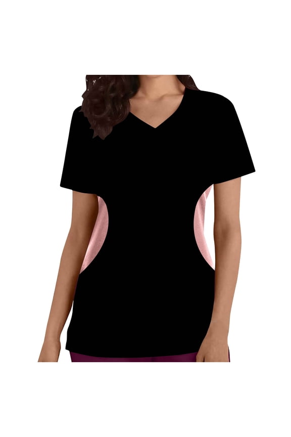 Scrub Tops Women Print Summer Causal Loose V Neck T Shirts Solid Color Patchwork Nursing Uniform Tops Regular Medicals Scrub Tops with Pockets
