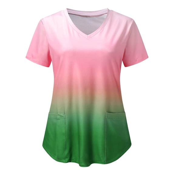Rciityk Scrub Tops Women Summer Gradient V-Neck Short Sleeve Medicals Tops Nursing Professionals Uniforms Tops with Pockets