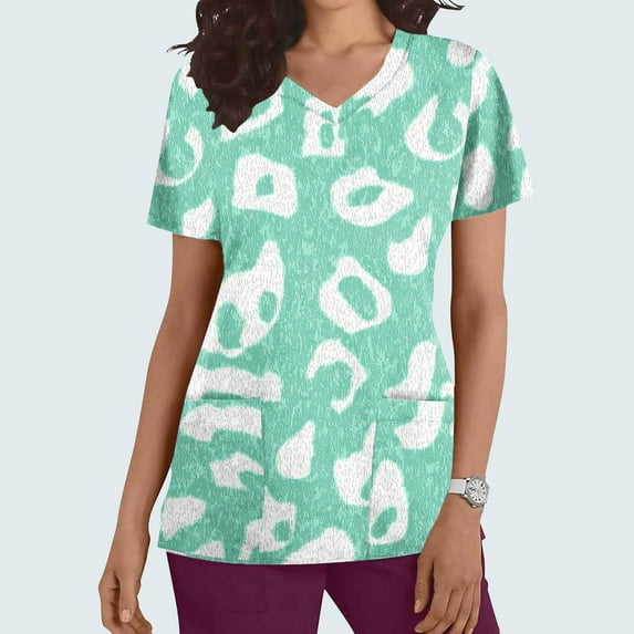Rciityk Scrub Tops Women V Neck Nurse Uniform Shirts with Pockets Casual Floral Printed Short Sleeve Working Medicals Blouse