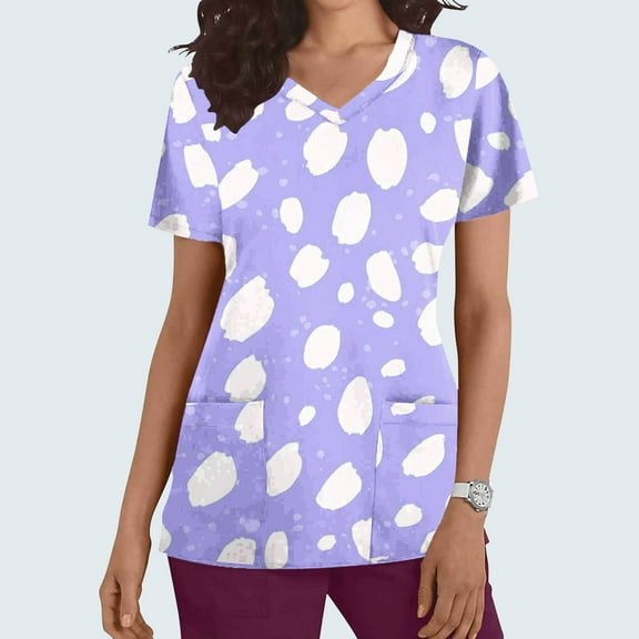 Rciityk Scrub Tops Women V Neck Nurse Uniform Shirts with Pockets Casual Floral Printed Short Sleeve Working Medicals Blouse