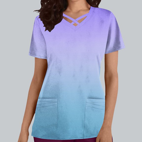 Rciityk Scrub Tops Women V Neck Nurse Uniform Shirts with Pockets Casual Gradient Print Short Sleeve Working Medicals Blouse