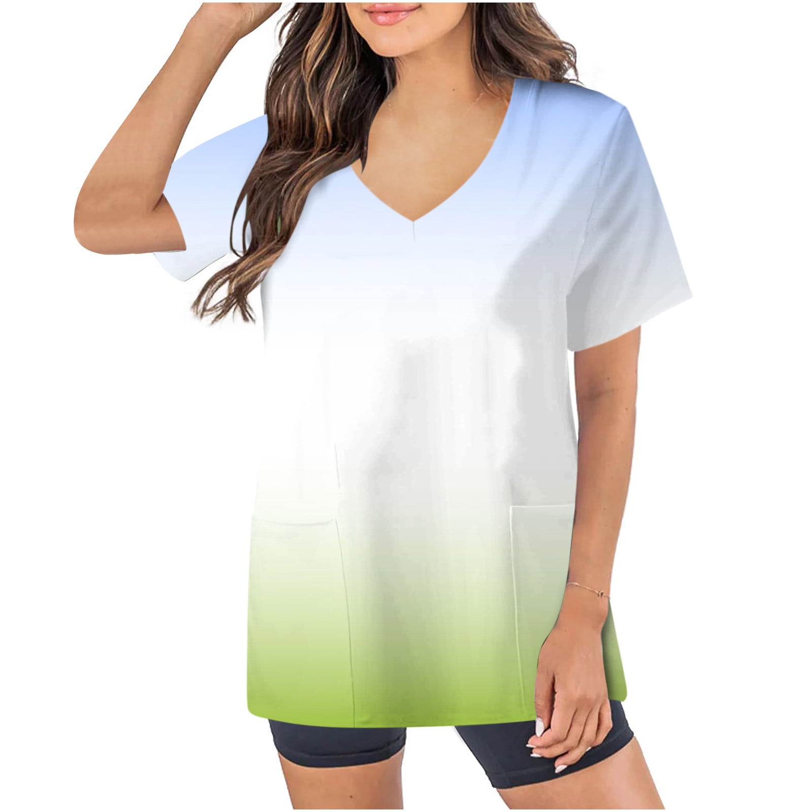 Rciityk Scrub for Women 2024 Stretch Scrub Top Summer Gradient Color ...