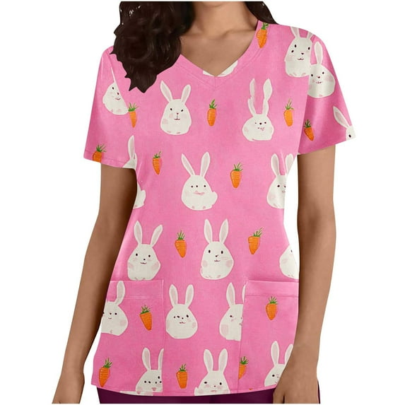Rciityk Scrub for Women Tops Casual V-Neck Nursing Uniform Summer Easter Bunny Rabbits Printed Short Sleeve Workwear Medicals Blouse with Pocket Pinks L