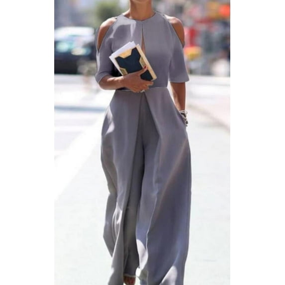 Rciityk Short Sleeve Jumpsuits for Women Summer Casual Cold Shoulder Rompers Trendy Soild Color Straight Loose Pants Overalls with Pockets Gray XXL