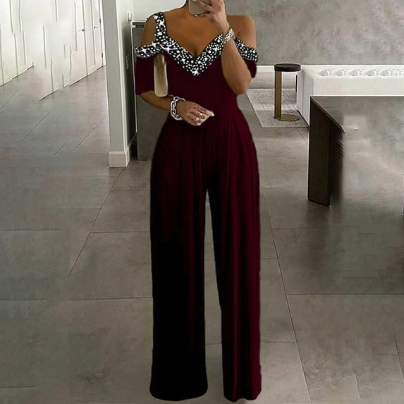 Rciityk Short Sleeve Jumpsuits for Women Summer Casual Cold Shoulder Rompers Trendy Soild Color Straight Loose Pants Overalls with Pockets Wine XXL