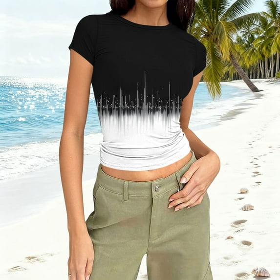 Rciityk Short Sleeve Tops for Women Casual Crew Neck Crop T Shirts Fashion Color Blocking Slim Tight Fits Tee Going Out Summer OutFits