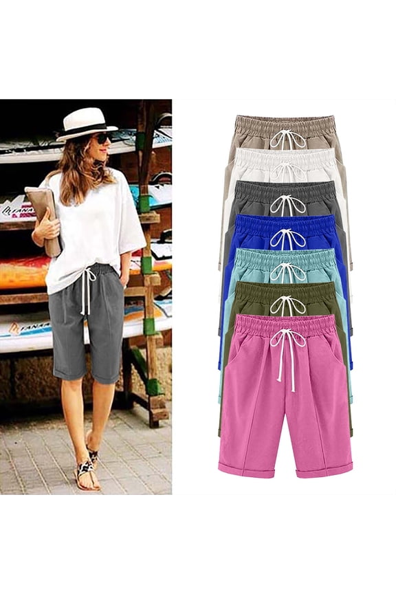 Shorts for Women Casual High Waisted Bermuda Shorts Summer Comfy Drawstring Lightweight Solid Color Shorts with Pockets