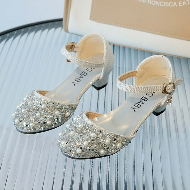 Rciityk Silver Girls Sandals Rhinestone Decoration Low Heels Dress Shoes Girls Dress SandalsPrincess Crystal High Heels Party Wedding Flower Girls Shoes for Kid - Spring/Summer Savings Clearance