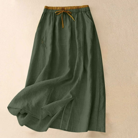Rciityk Skirts for Women Summer Vintage Linen Midi Skirt Casual Loose High Waist A-Line Knee Length Skirt Beach Vacation