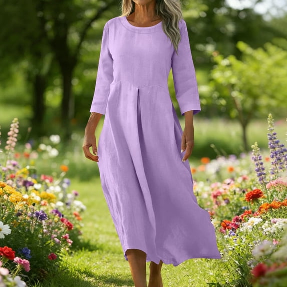 Rciityk Summer Dresses for Women Cotton Linen V Neck Maxi Dress Solid Color Button Front 3/4 Sleeve Long Dress Loose Fits High Waist Pleateded Casual Pockets Dresses
