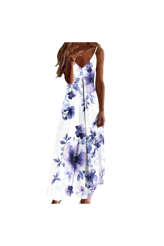Summer Maxi Dress for Women Casual V Neck Suspenders Long Skirt Sleeveless Print Loose Vacation Dress