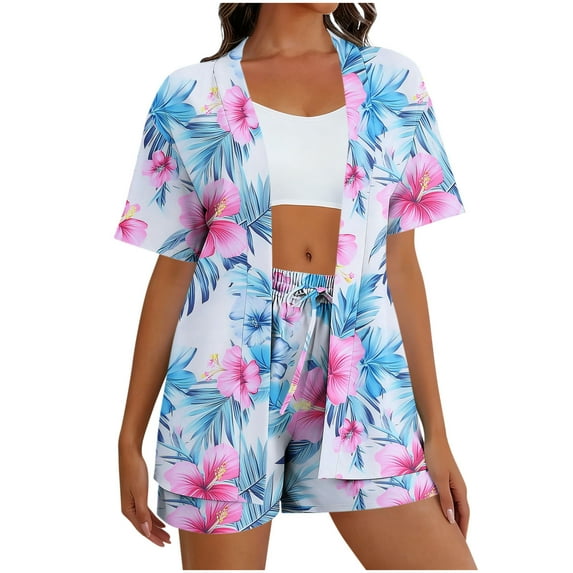 Rciityk Summer Sets for Women Hawaiian Short Sets Tropical Floral Printed Short Sleeve Button Down Shirts and Shorts Beach Vacation Outfits