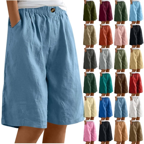 Rciityk Summer Shorts for Women Casual Linen High Waisted Button Shorts Solid Color Wide Leg Bermuda Long Shorts with Pockets Blue M