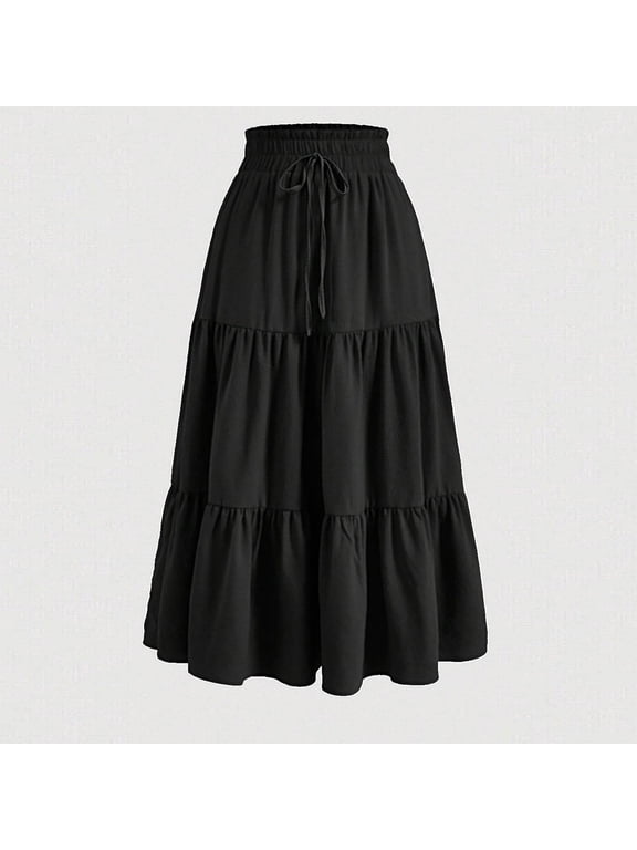 Summer Skirts for Women Elastic High Waist Floral Print Tiered Maxi Skirt Causal A Line Flowy Skirt with Pockets for Beach Vacation